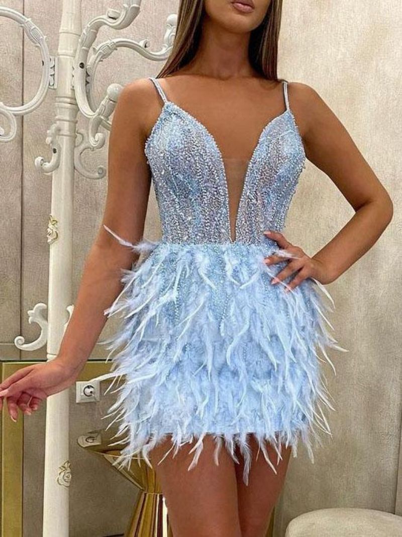 Feather Trim Short Evening Dress