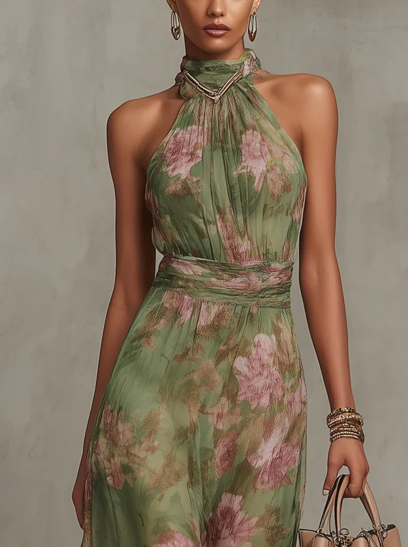 Floral Print High-Waist Slit Maxi Dress