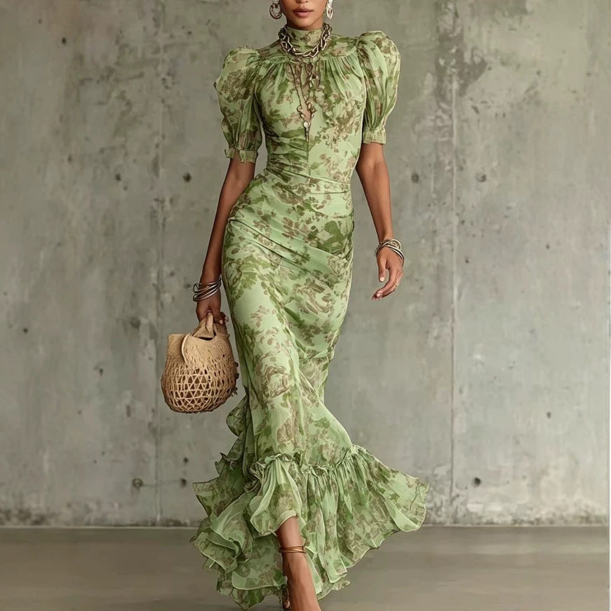 Vintage Floral Bubble Sleeve Fishtail Dress
