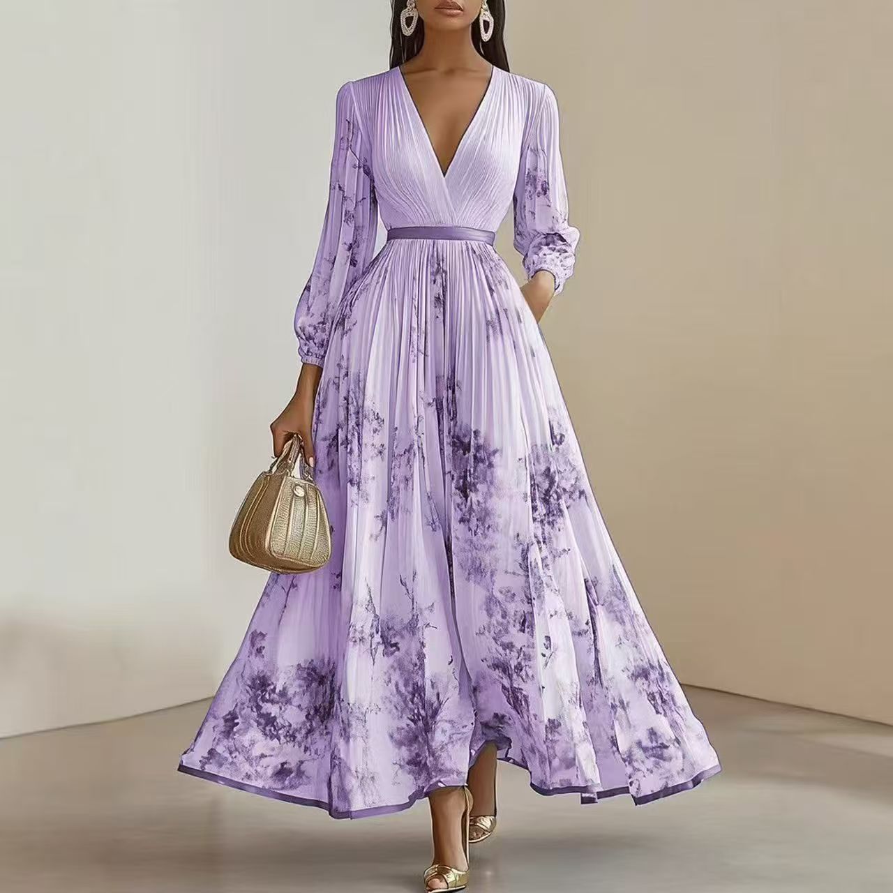 Pleated Lantern Sleeve V-Neck Maxi Dress