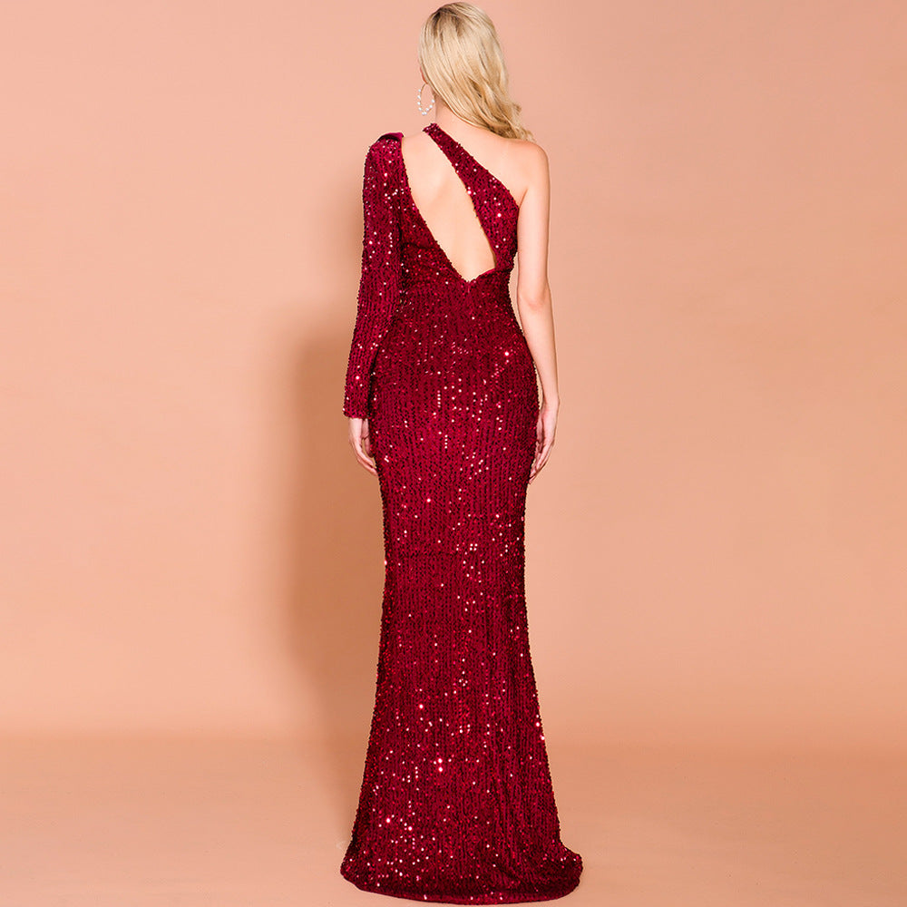 Sequined Backless Long Sleeve Evening Dress