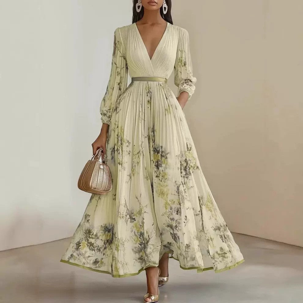 Pleated Lantern Sleeve V-Neck Maxi Dress