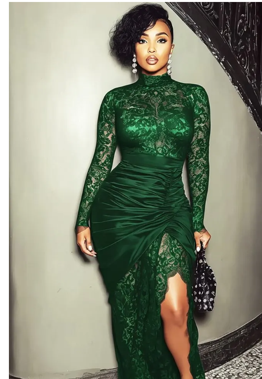 Mock Neck Ruched Lace Slit Maxi Dress