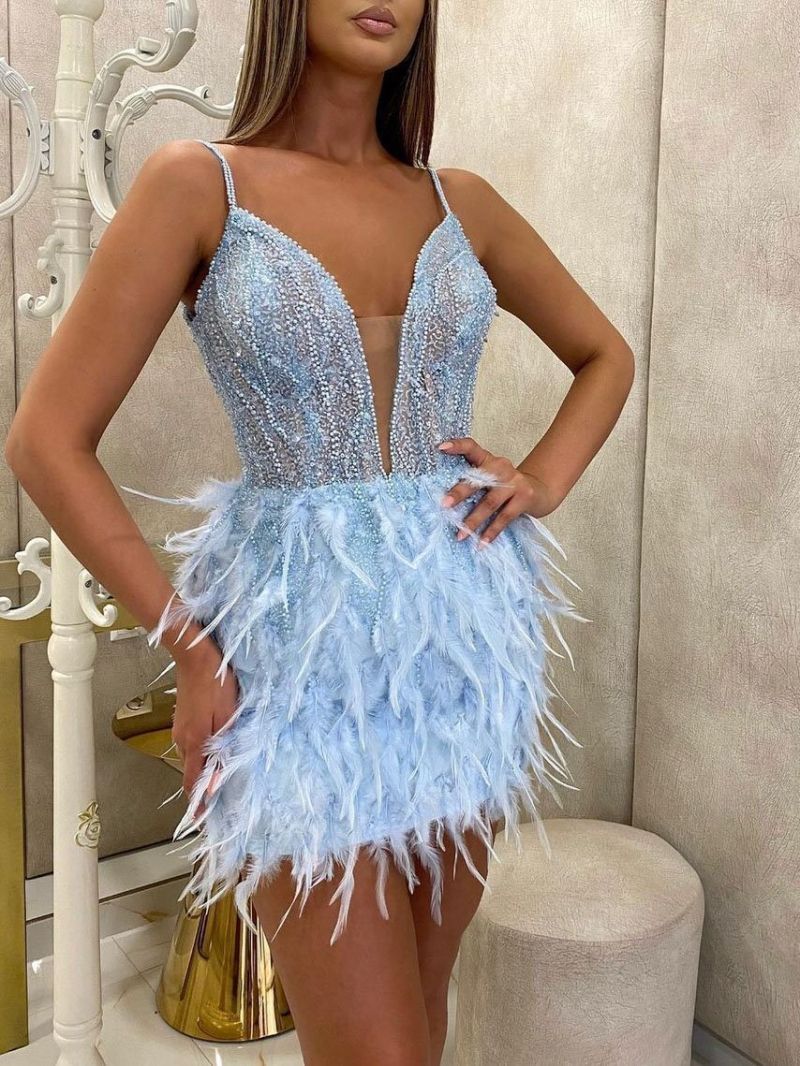Feather Trim Short Evening Dress