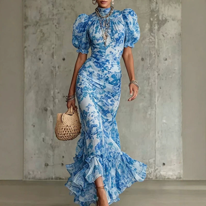Vintage Floral Bubble Sleeve Fishtail Dress
