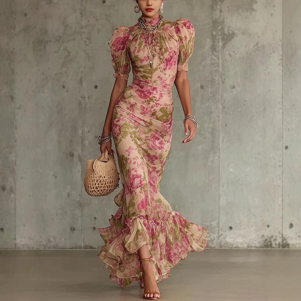 Vintage Floral Bubble Sleeve Fishtail Dress