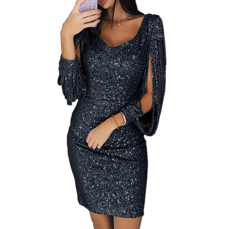 Womens Evening Tassel Sheath Dress