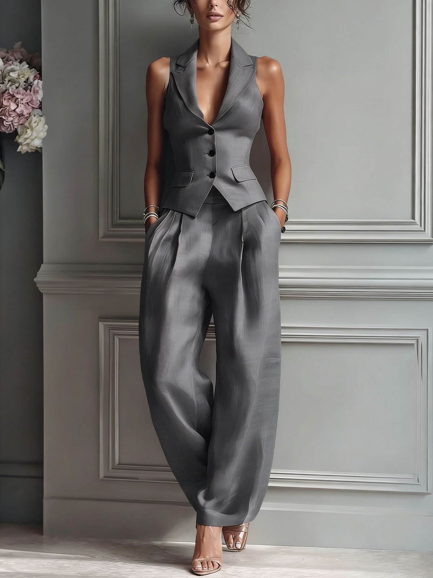 Sleeveless Vest & Wide-Leg Pants Co-ord Set