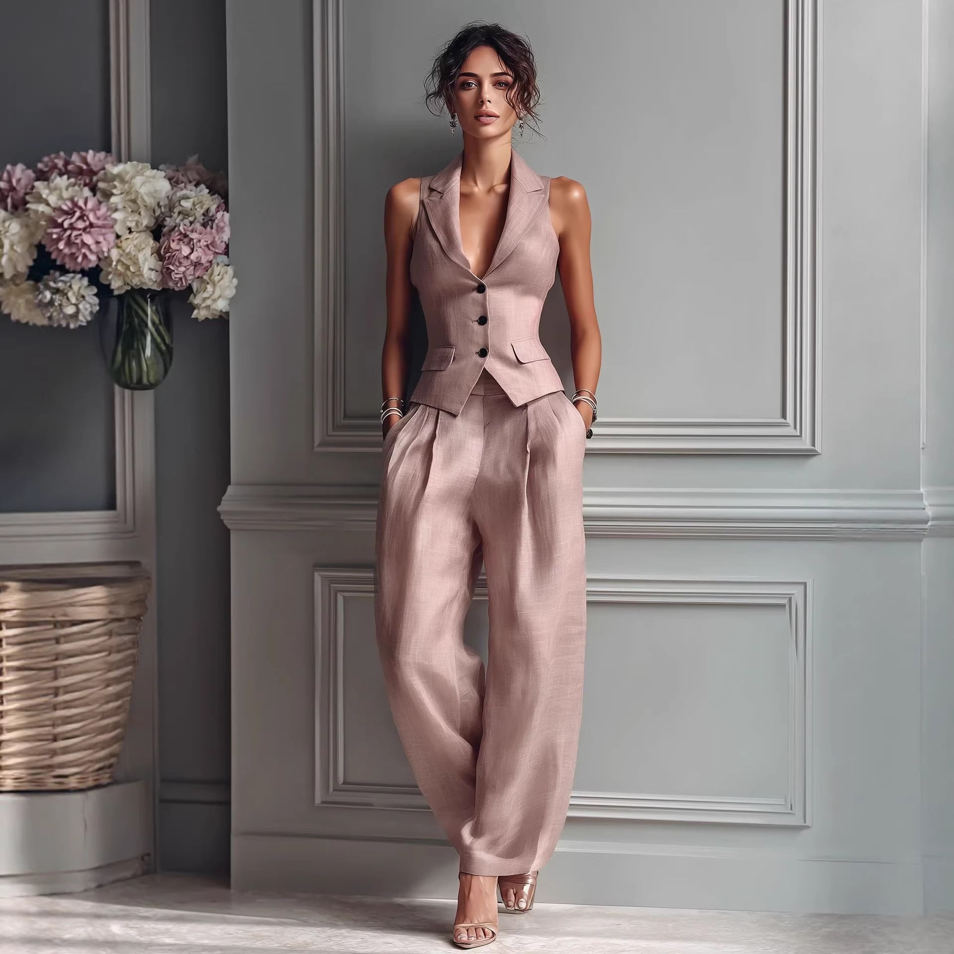 Sleeveless Vest & Wide-Leg Pants Co-ord Set
