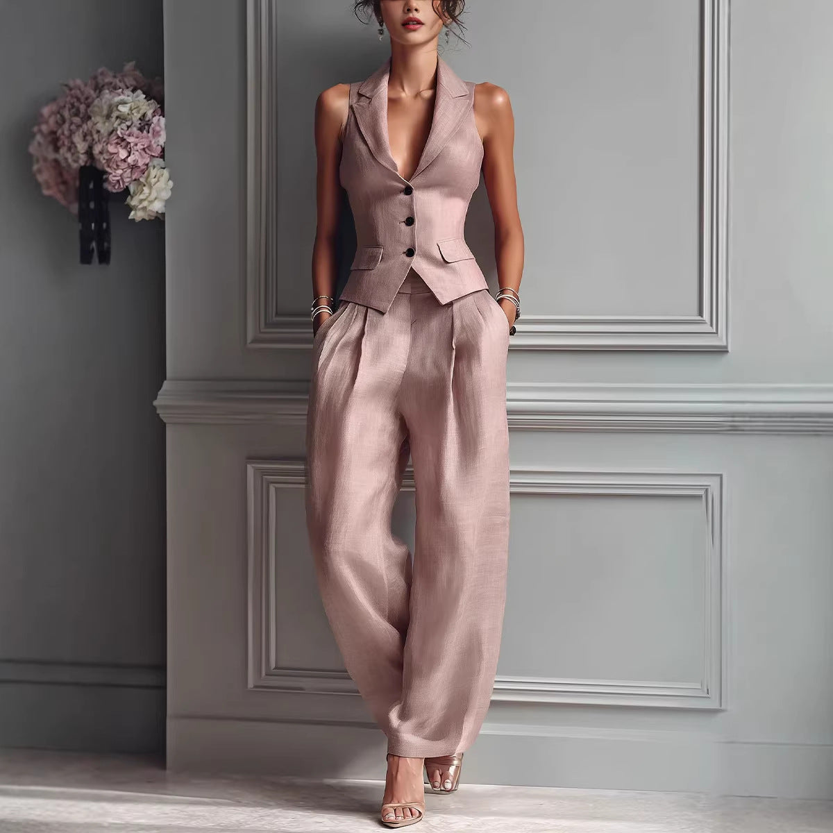 Sleeveless Vest & Wide-Leg Pants Co-ord Set
