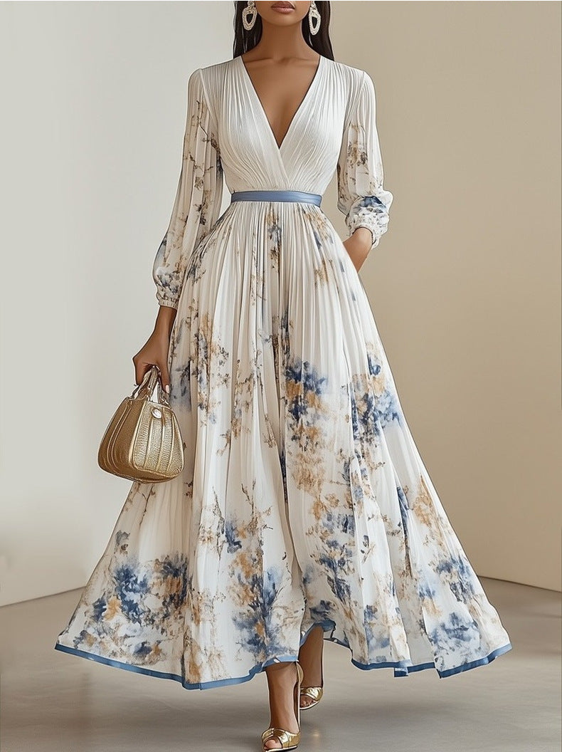 Pleated Lantern Sleeve V-Neck Maxi Dress