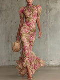 Vintage Floral Bubble Sleeve Fishtail Dress