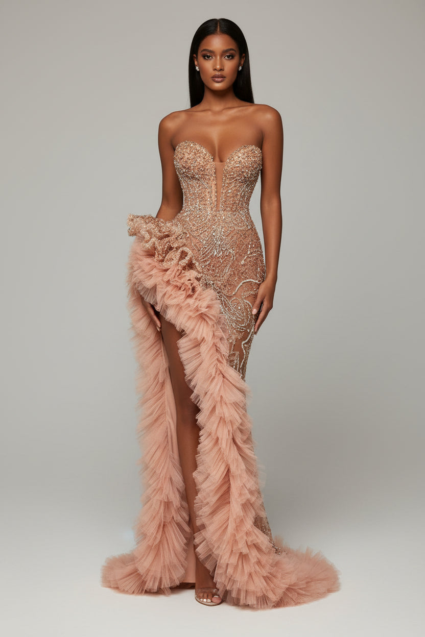 woman wearing a gloumouras dress with a photostudio background