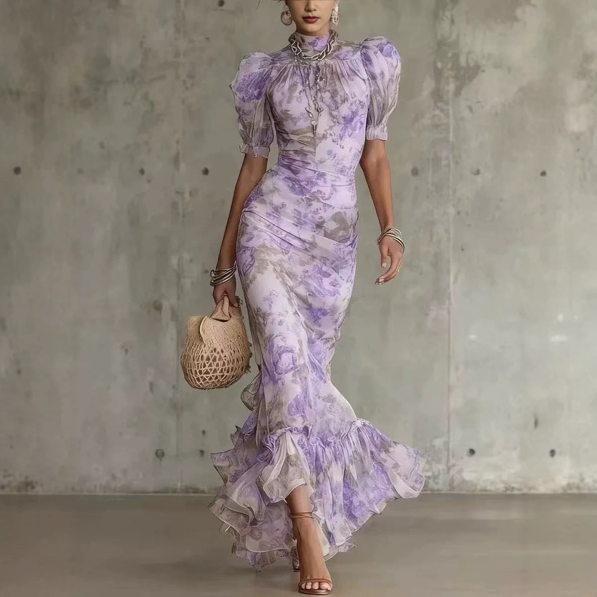 Vintage Floral Bubble Sleeve Fishtail Dress