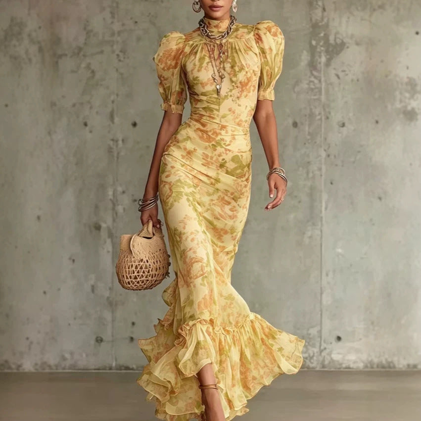 Vintage Floral Bubble Sleeve Fishtail Dress