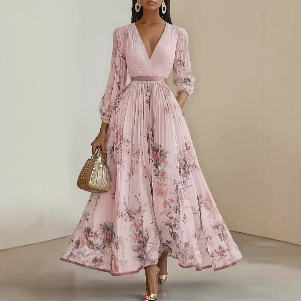 Pleated Lantern Sleeve V-Neck Maxi Dress