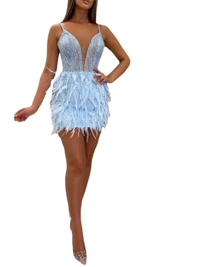 Feather Trim Short Evening Dress