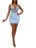 Feather Trim Short Evening Dress