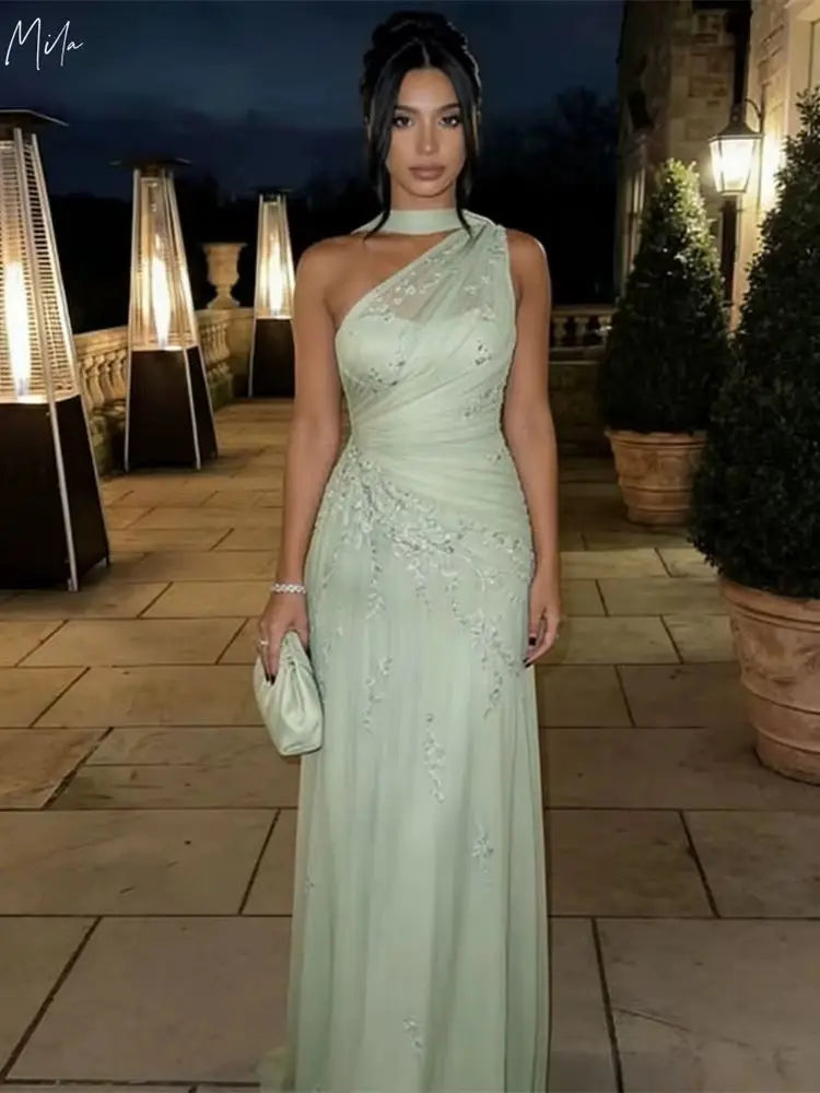 Light Green Floral Embroidery A-Line Prom Dress