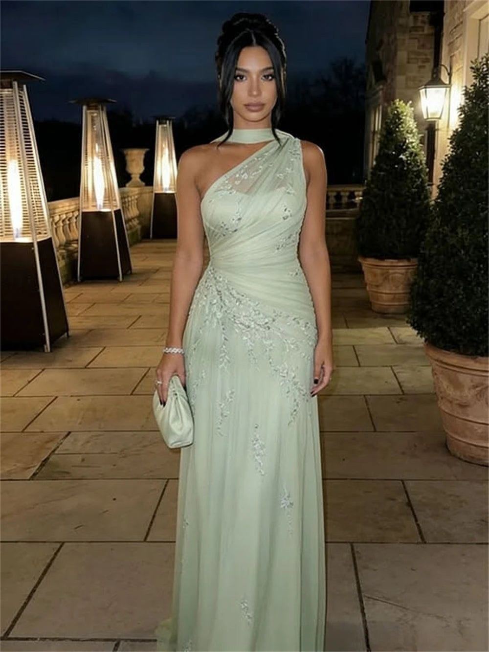 Light Green Floral Embroidery A-Line Prom Dress
