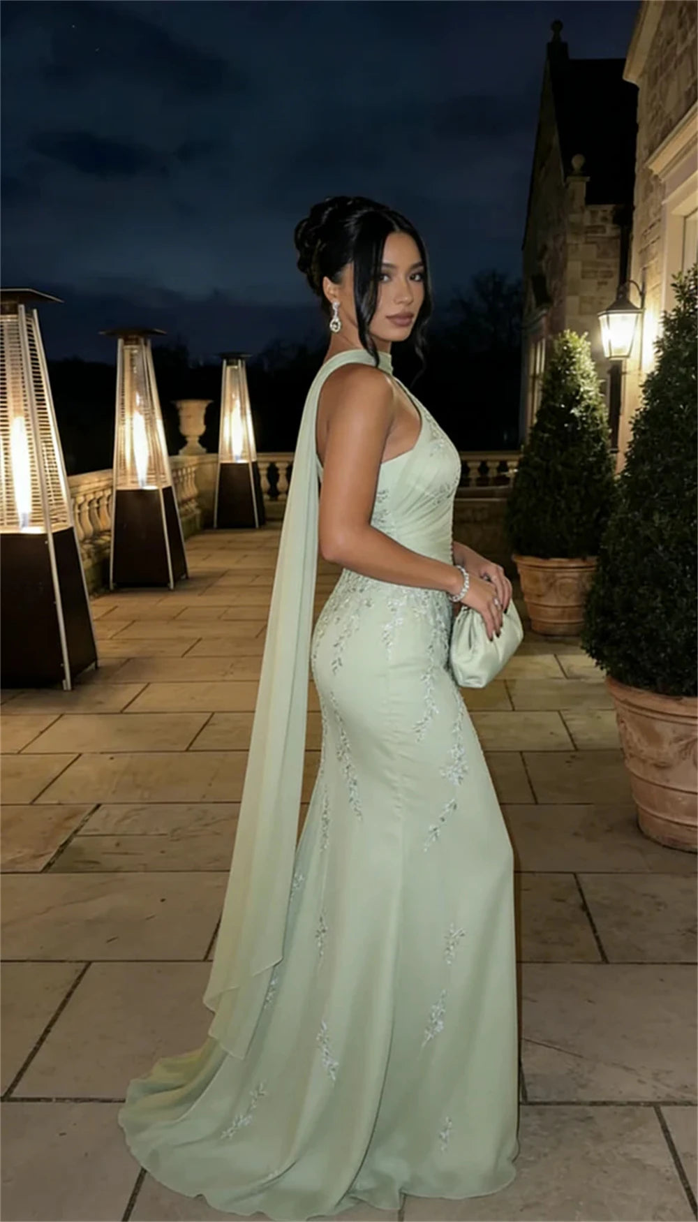 Light Green Floral Embroidery A-Line Prom Dress