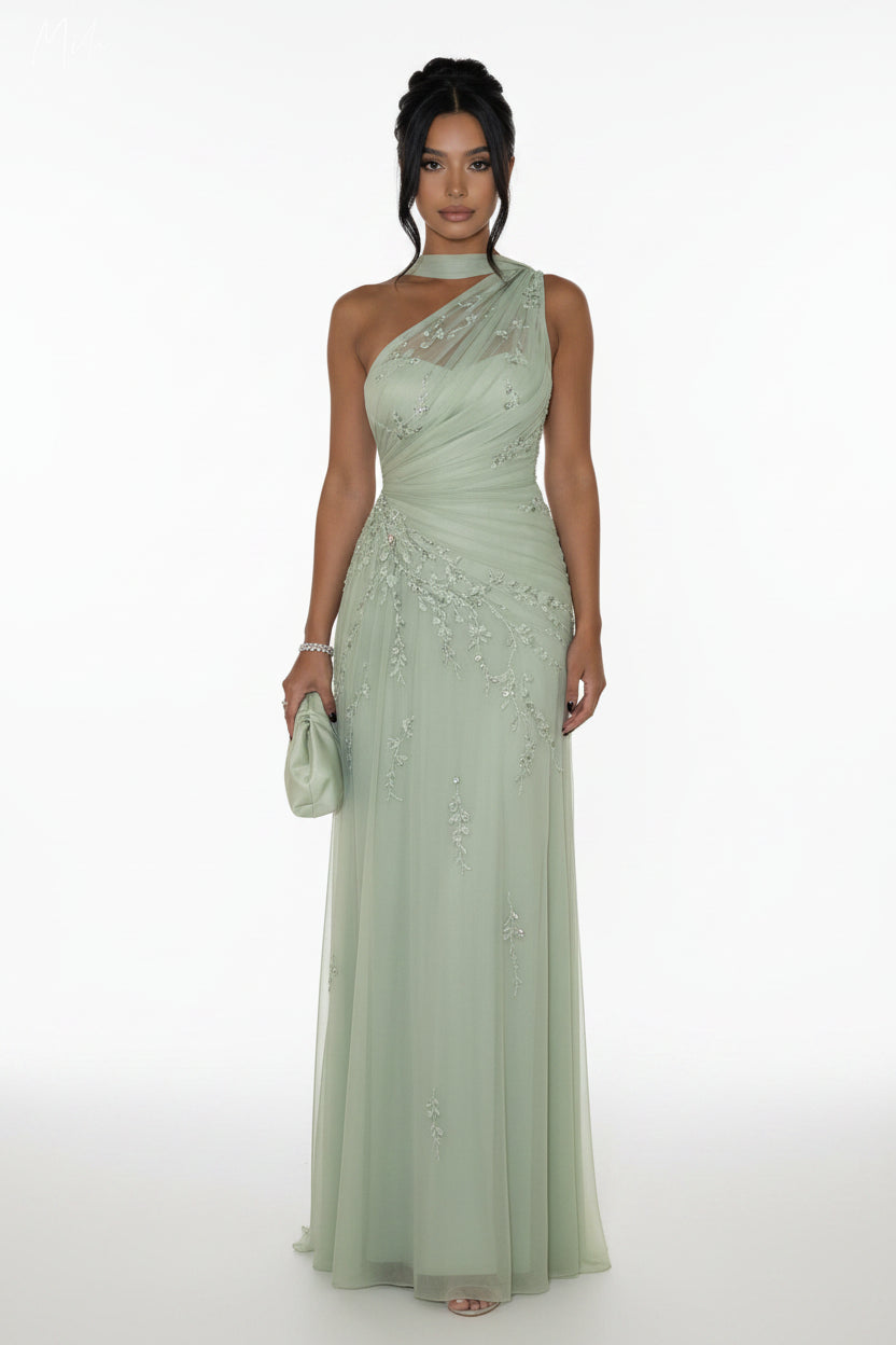 Light Green Floral Embroidery A-Line Prom Dress