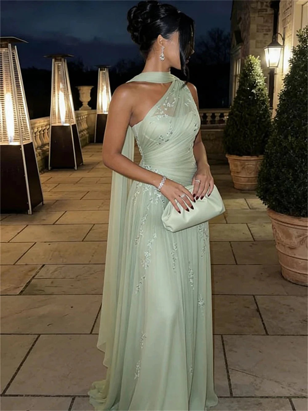 Light Green Floral Embroidery A-Line Prom Dress