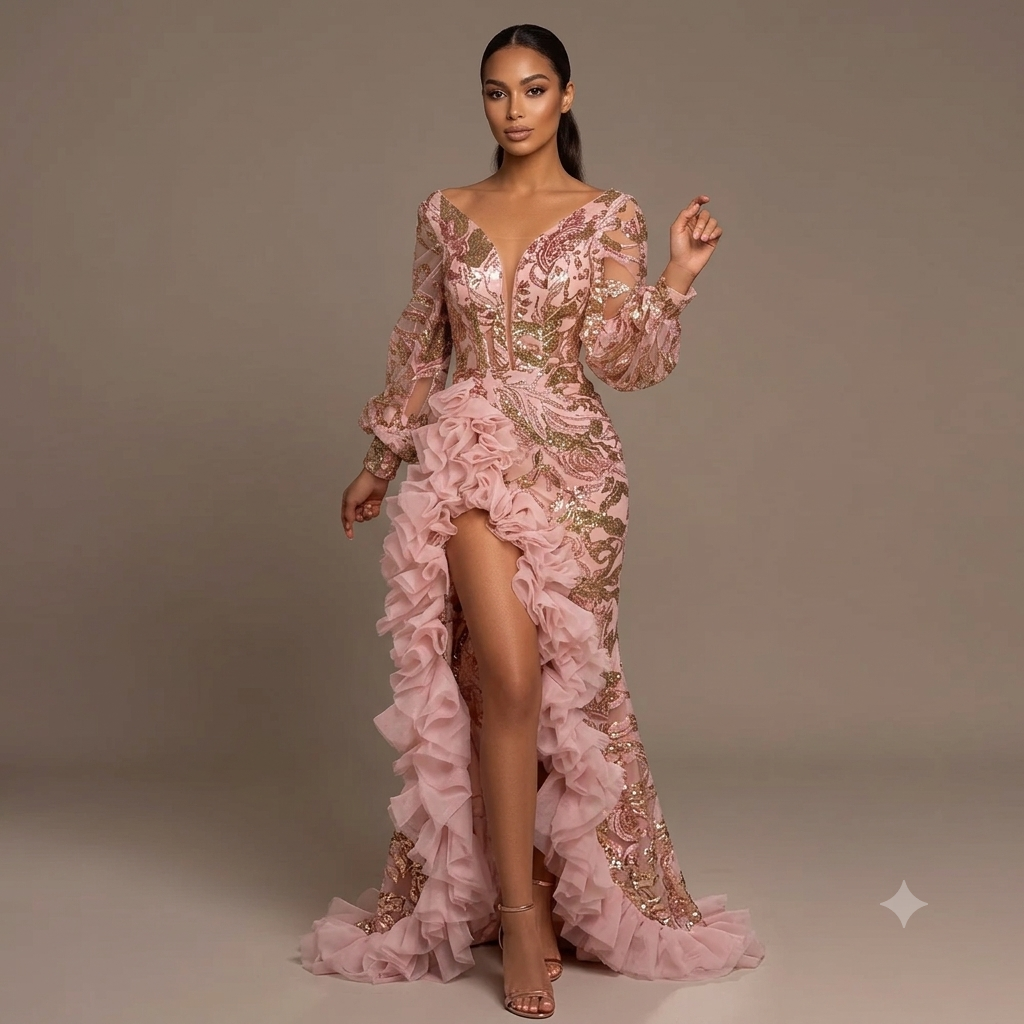 Sequin Appliqué Deep V-Neck Fishtail Gown