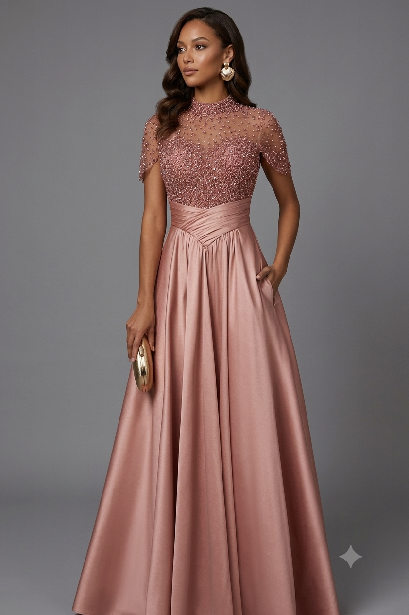 Strapless A-Line Evening Gown – Draped, Ruched, Appliqués, Custom