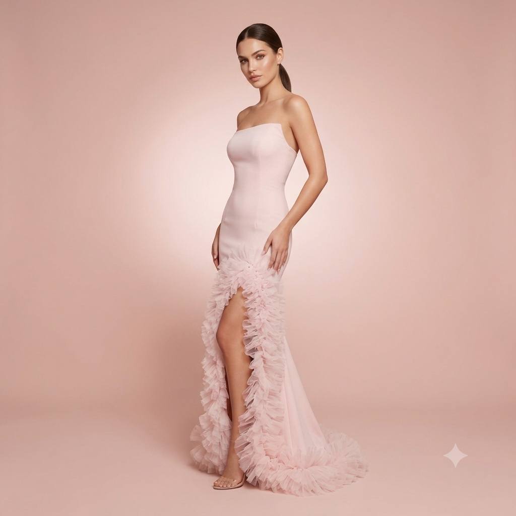 Strapless Chiffon Side Slit Evening Gown