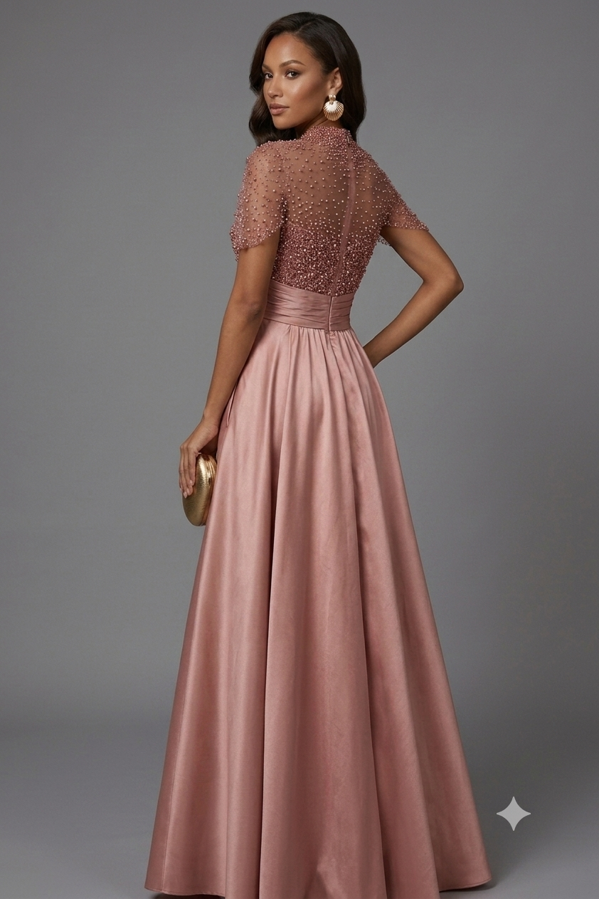 Strapless A-Line Evening Gown – Draped, Ruched, Appliqués, Custom