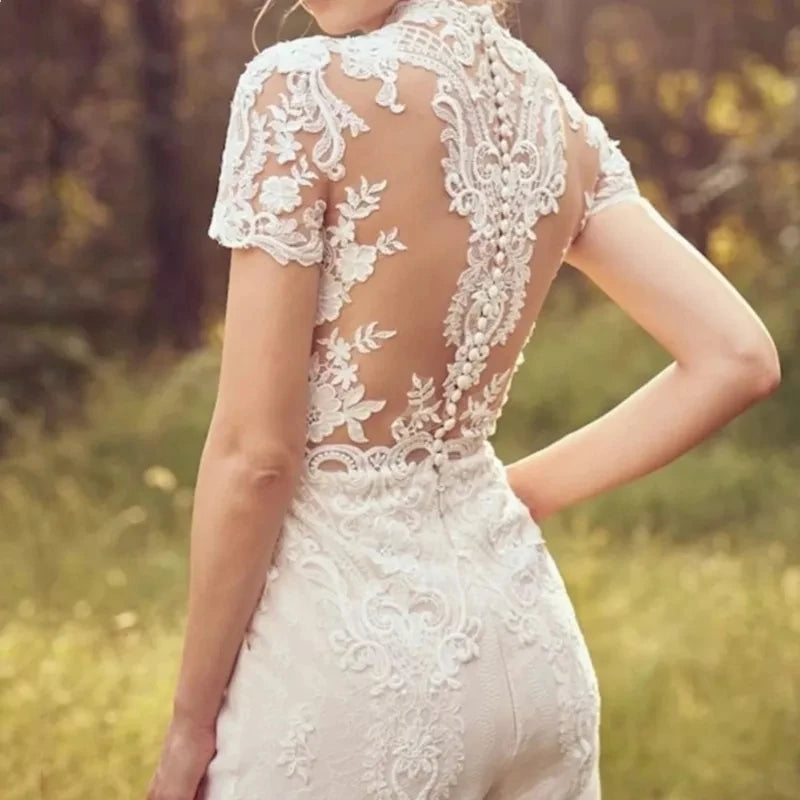 Elegant Jumpsuit Wedding Dresses For Women 2025 Lace Applique Short Sleeve O-Neck Vestidos De Novia Bridal Gowns Customized