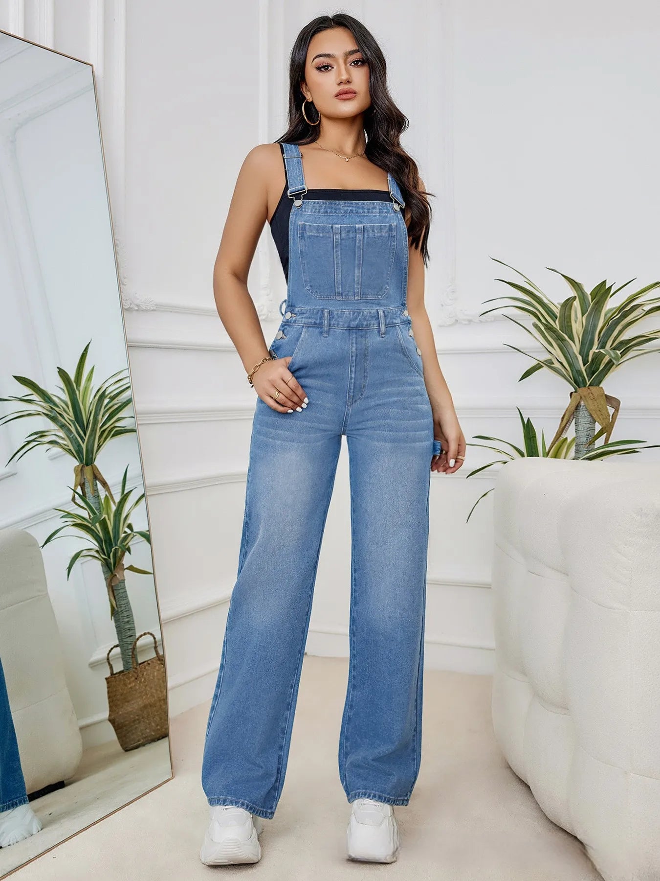 Sleeveless Adjustable Strap Baggy Denim Bib Overall with Cargo Pockets
