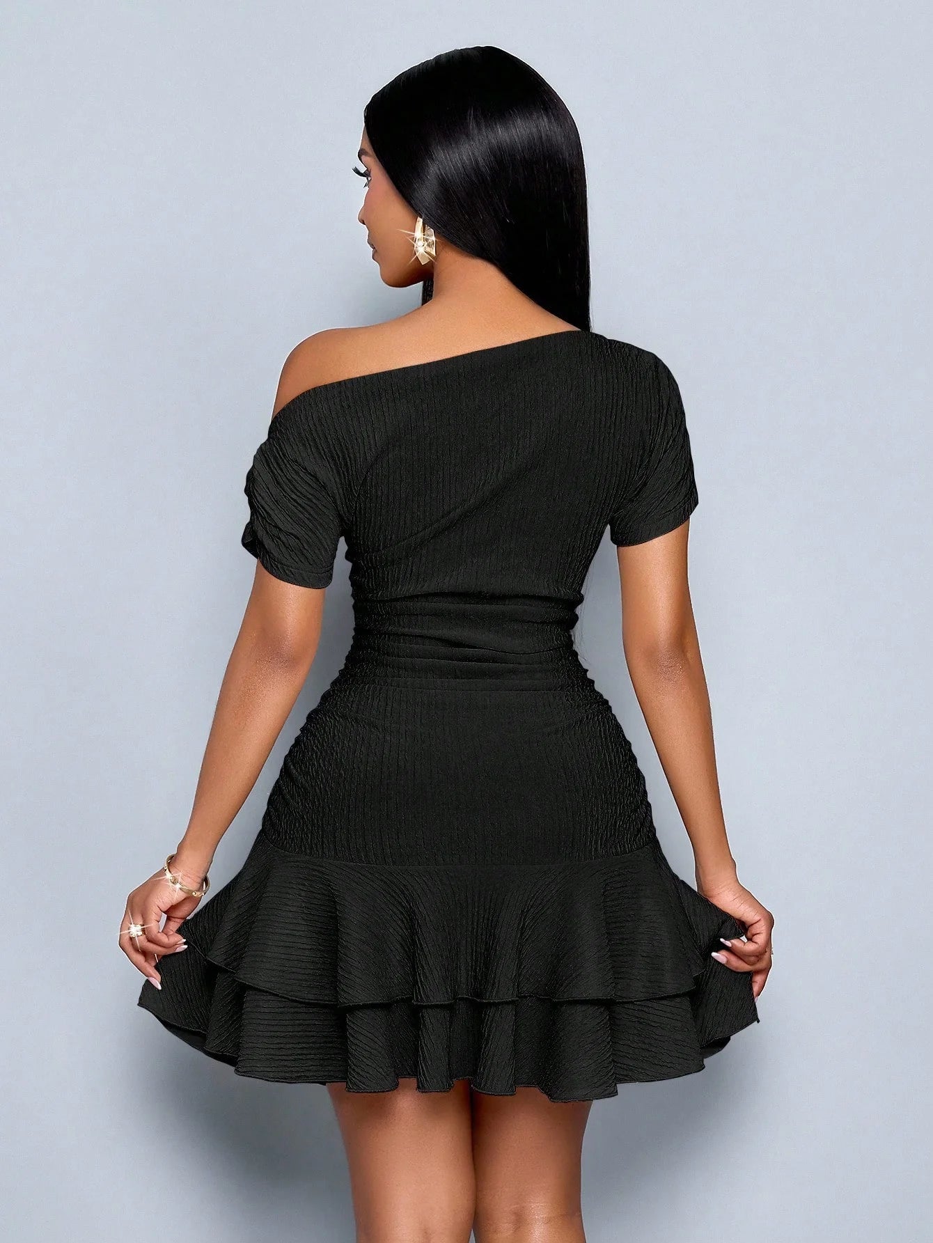 Women's Elegant Party Daytime Black Knitted Asymmetric Neck Long Sleeve Gathered Double Ruffled Dress