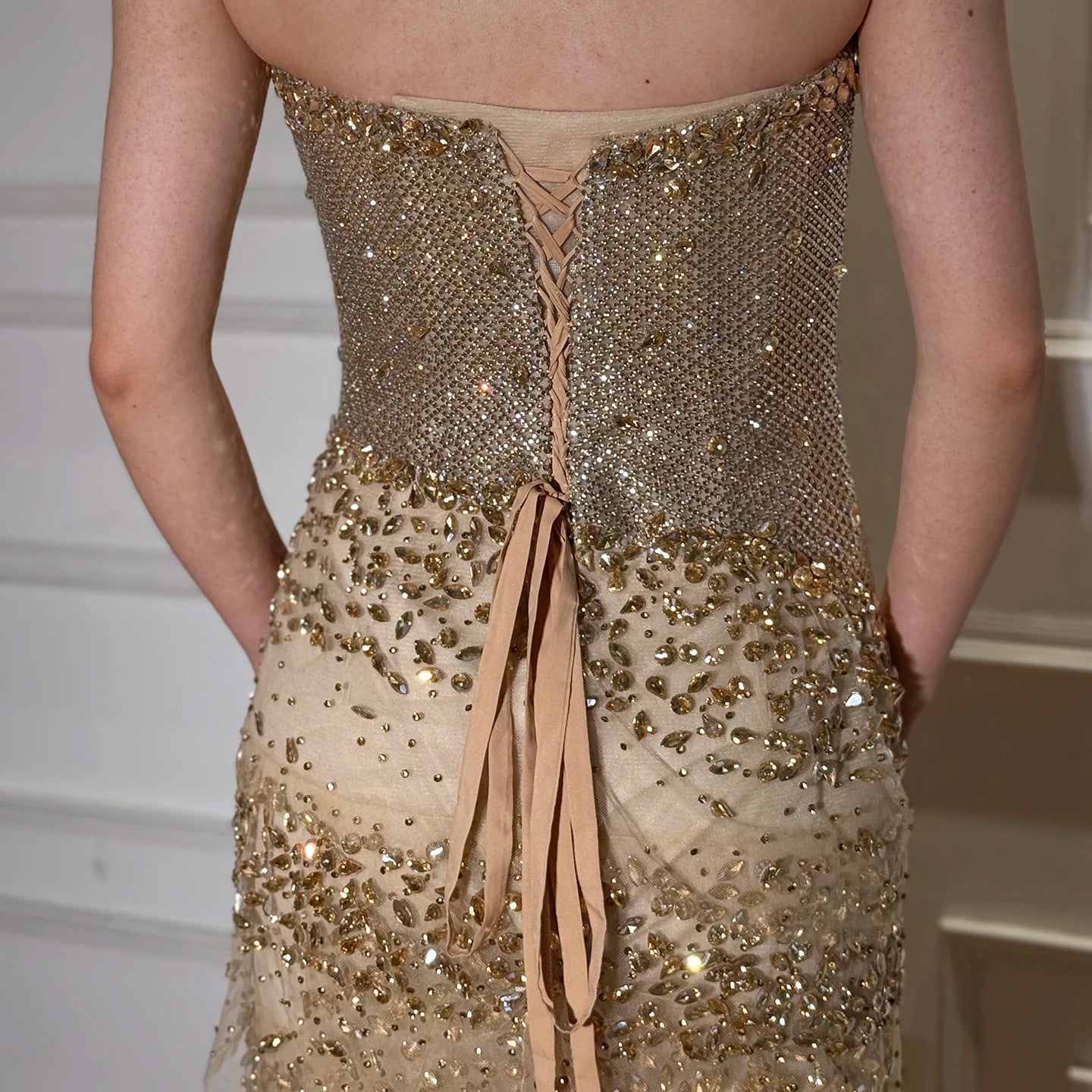 Crystal Beaded Strapless Trumpet Evening Gown – Court Train, Custom