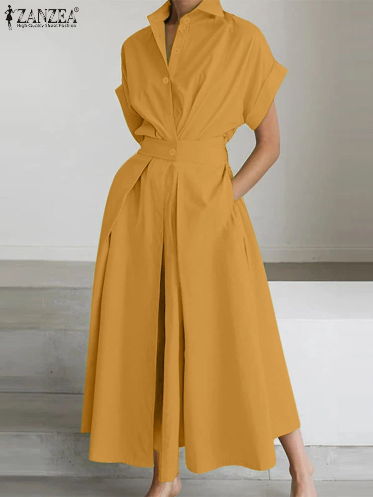 ZANZEA Fashion Women Collared Shirtdress Elegant Short Sleeve Elastic Wasit A-Line Maxi Dresses Summer Casual Robes Streetwear