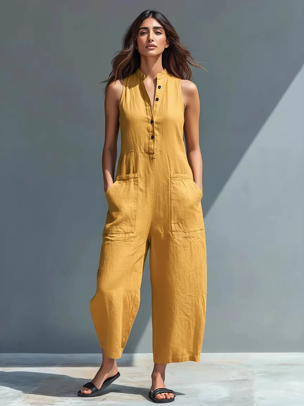 Sleeveless Stand Collar Button-Down Slim Straight-Leg Jumpsuit with Pockets