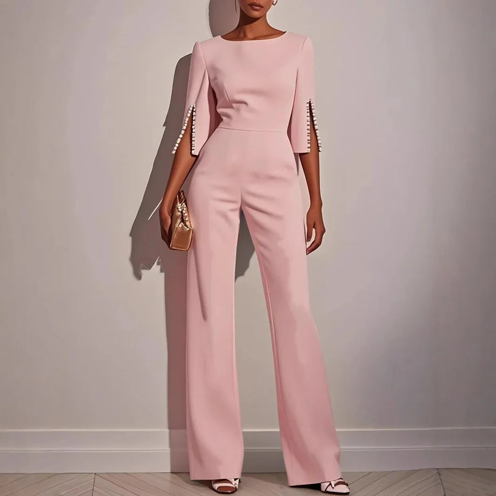 2025 Women's Jumpsuits Beaded Decorative Slim Trousers Three-quarter Sleeves Office Evening Pink Fashion Business Playsuit