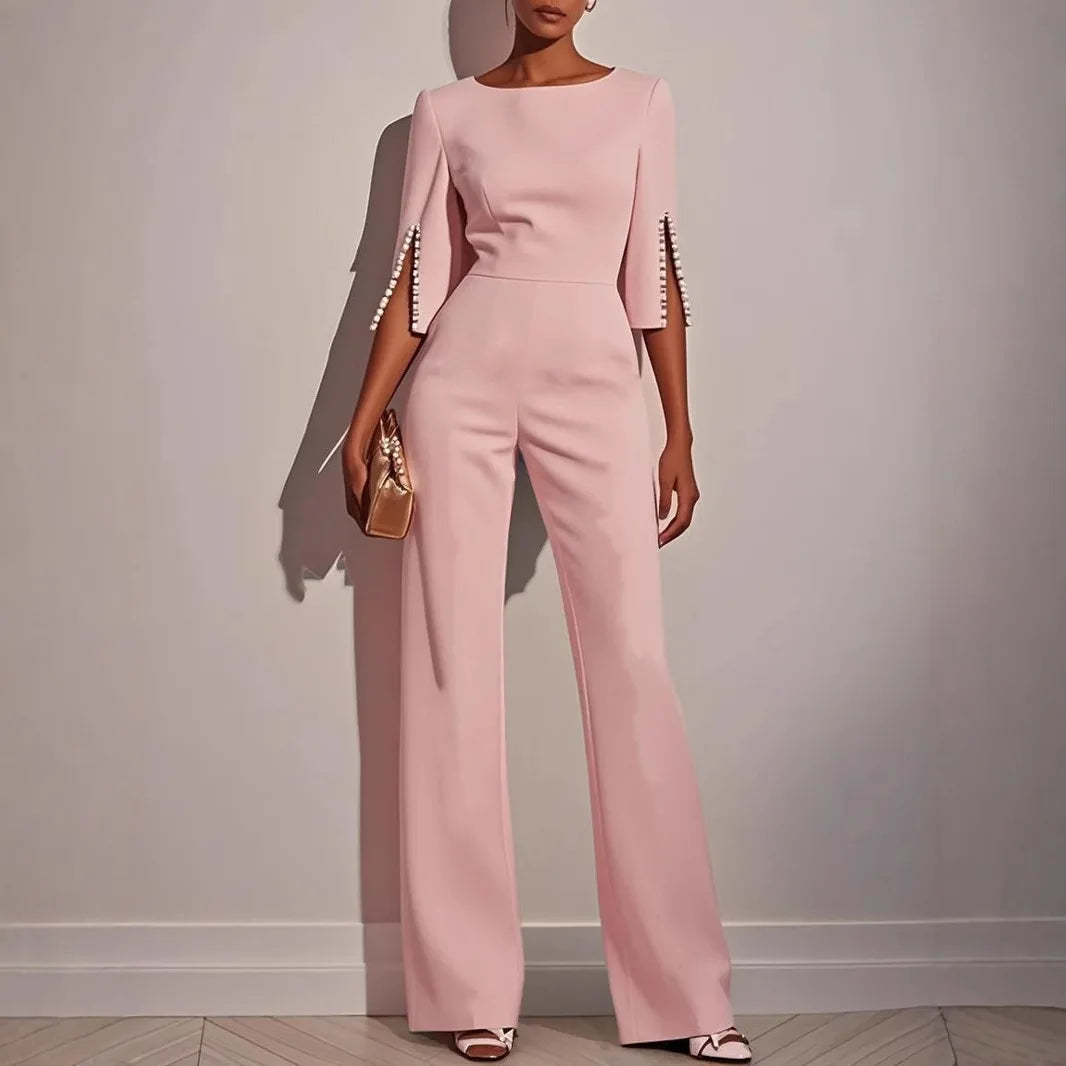 2025 Women's Jumpsuits Beaded Decorative Slim Trousers Three-quarter Sleeves Office Evening Pink Fashion Business Playsuit