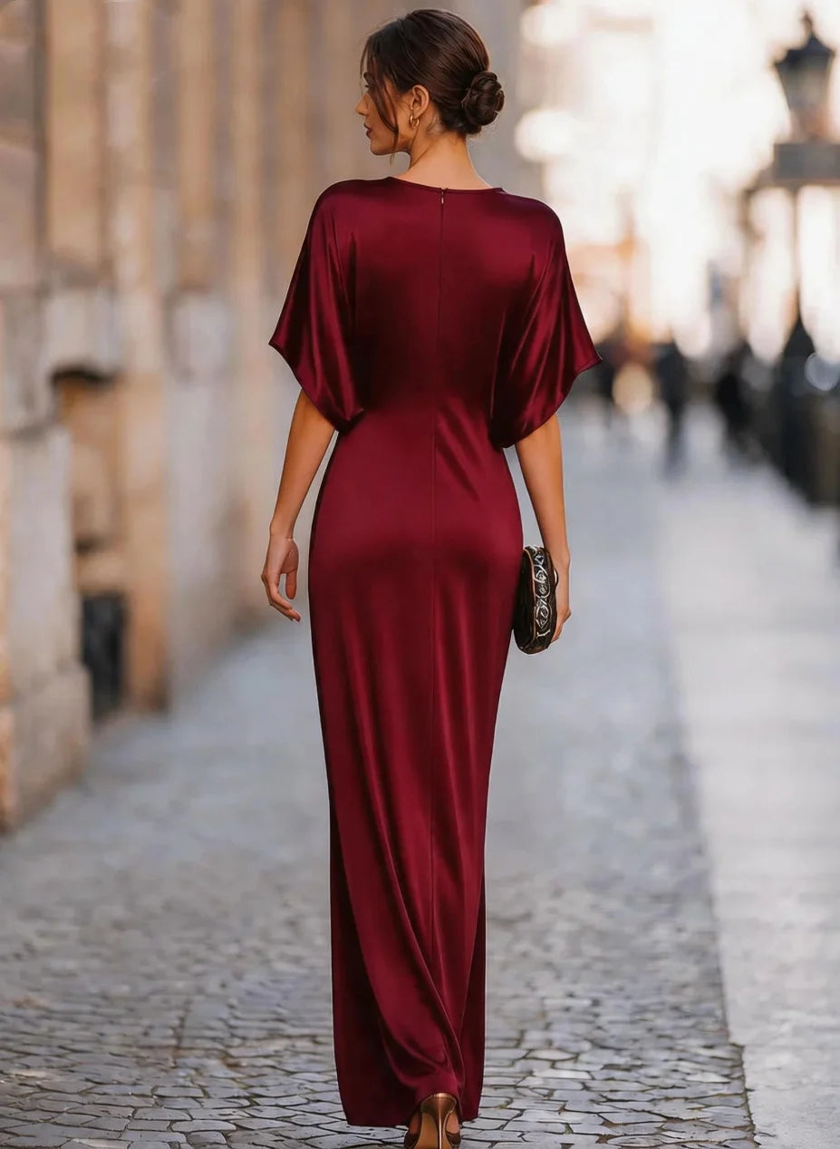 Women's Satin Dolman Sleeve Maxi Dress Crew Neck Bodycon Gown for Formal Evening Party Occasion Wear