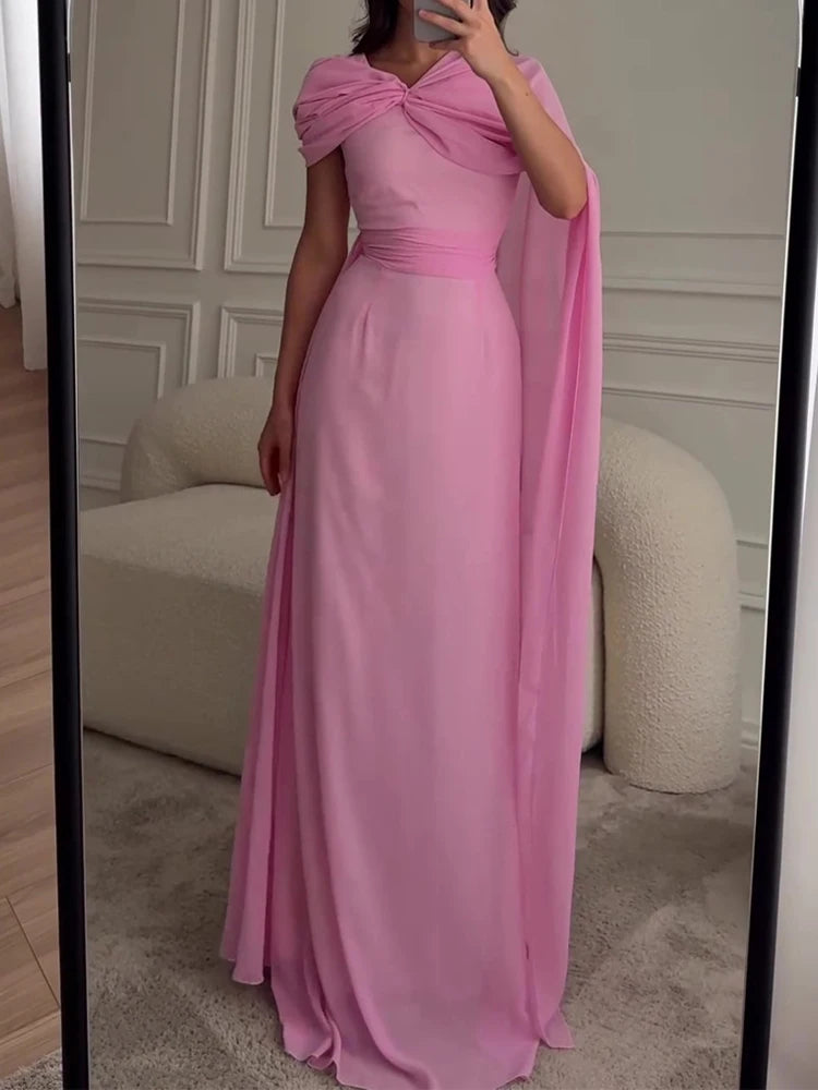 Elegant Women High Waist Banquet Dress Spring Summer New Chiffon Maxi Dress Lady Solid Color Slim Ribbon Ruched Evening Dress