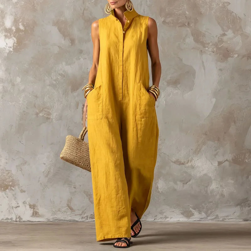 Sleeveless Stand Neck Loose Straight-Leg Maxi Jumpsuit with Pockets