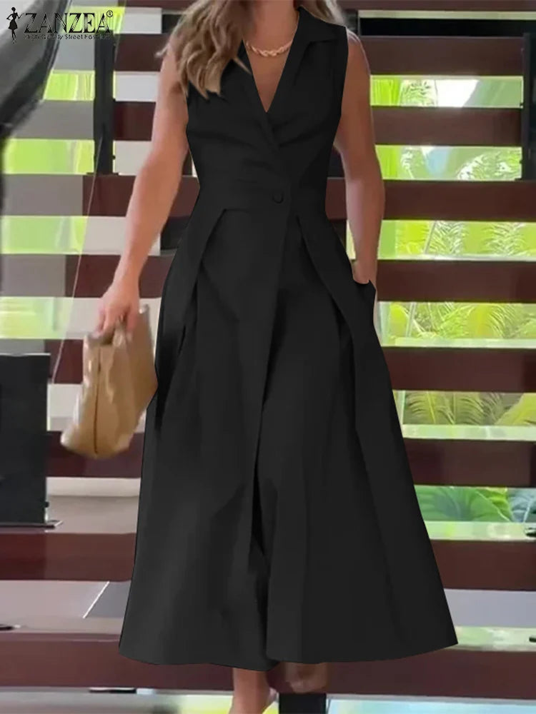ZANZEA Commute Fashion Midi Dress Summer Lapel Neck Elegant Cinched Waist Pleated Dresses Women Soild Color A-line Vestidos