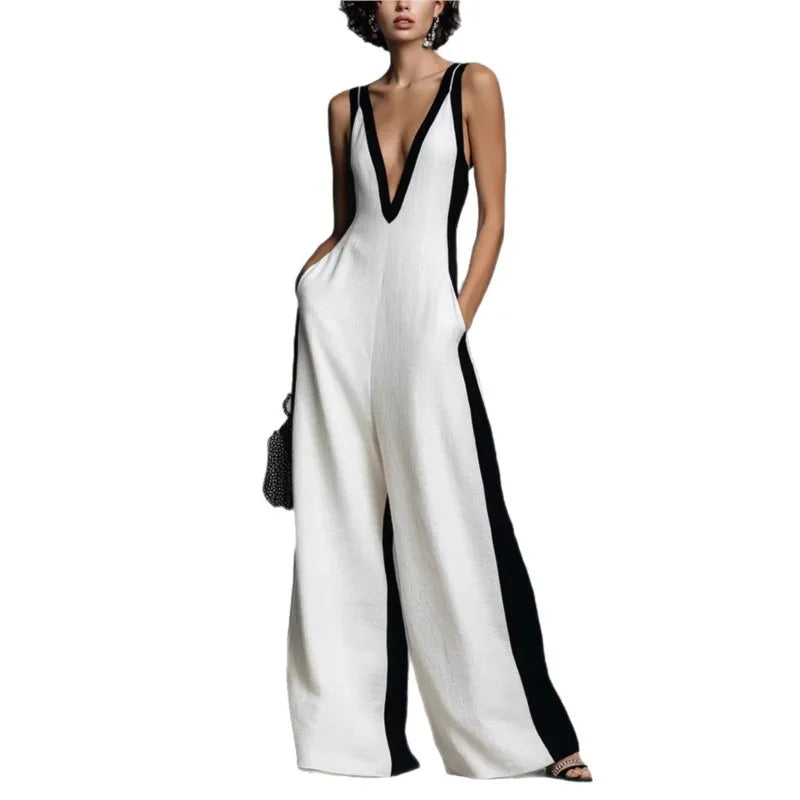Sexy Deep V Neck Straps Wide Leg Jumpsuit Summer Sleeveless Color Block Patchwork Jumpsuits Elegant Casual Back Zipper Romper