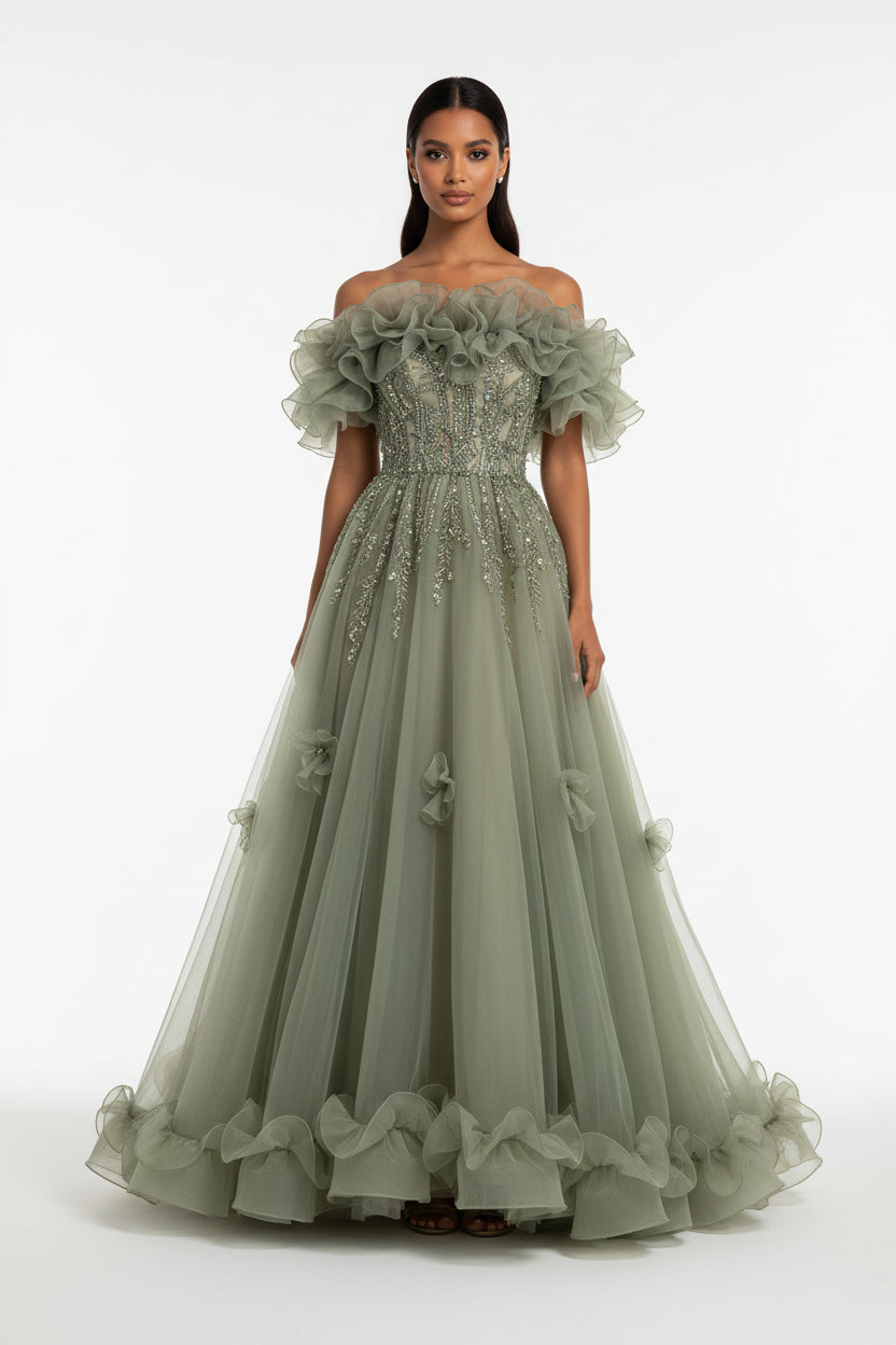 Off-Shoulder Floral Tulle A-Line Prom Gown – Beaded & Embroidered