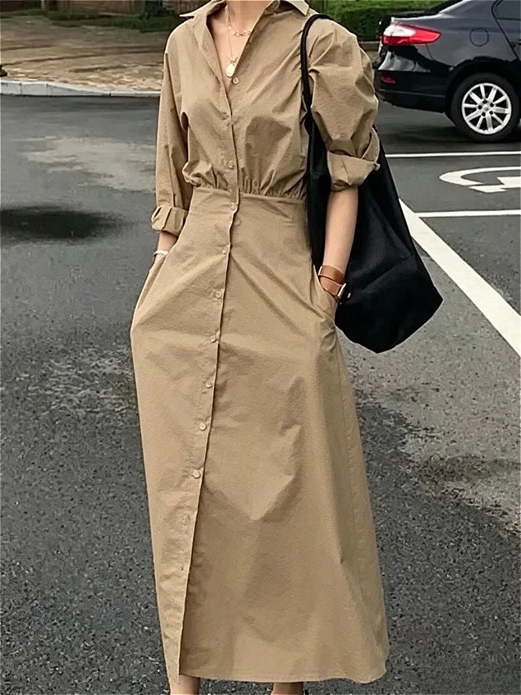 Puff Sleeve Casual Maxi Shirt Dress