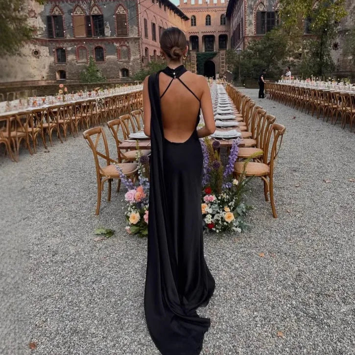 Women's Dress Temperament Elegant Satin Off-the-shoulder Sleeveless Ribbon Party Dress
