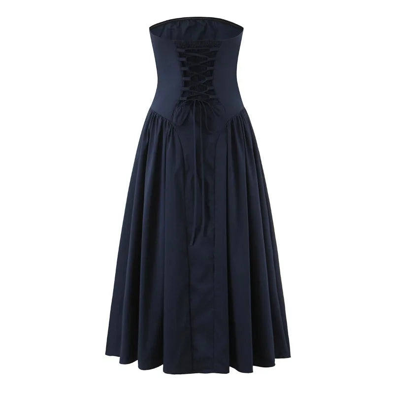 Women's Elegant Pink Wedding Guest Tube Midi Dress Lace Up Corset Waist A Line Flowy Party Dress Casual Formal Evening Gown