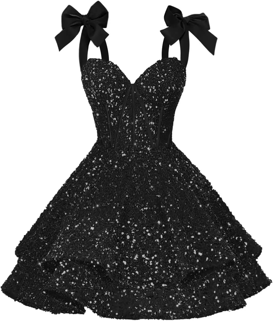 Sparkly Sequin Bows Homecoming Dresses 2026 Short Spaghetti Straps Tiered Satin Sweet Prom Cocktail Dress Graduation Dress