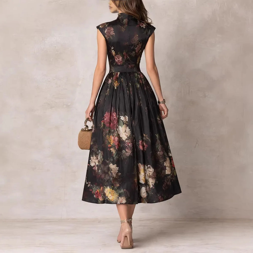 2026 Spring New Women's Sleeveless Black Digital Print Long Skirt Three-dimensional Flower Slim Dress for Women